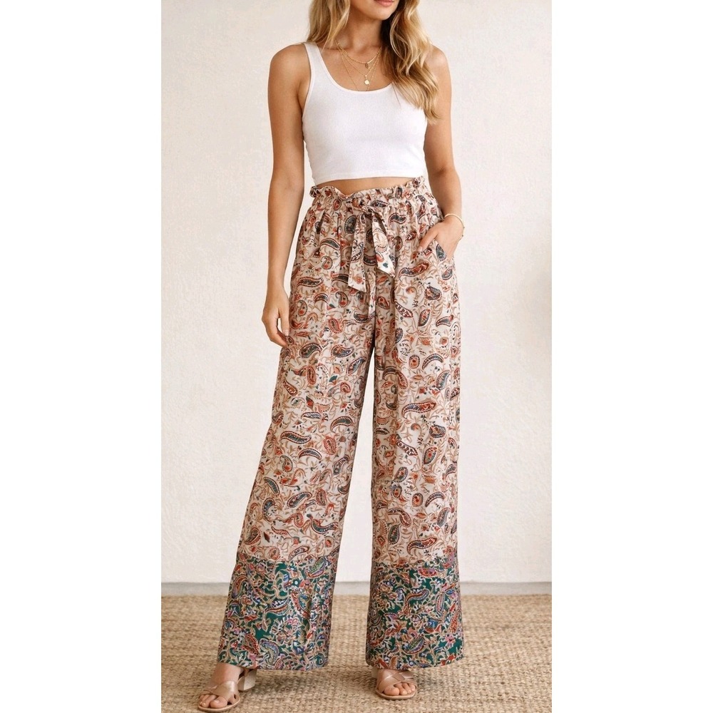 Entro Paperbag Waist Satin Wide Leg Pants Boho Paisley Tie Front Size Small